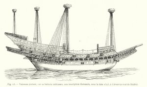 Statek opatrzony na dolnej baterii napisem flamandzkim z datą 1523 w Armeria real de Madrid (rycina) autorstwa French School