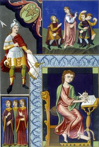 Różne stroje z IX wieku. Ilustracja zaczerpnięta z „Francji w IX wieku”. autorstwa French School