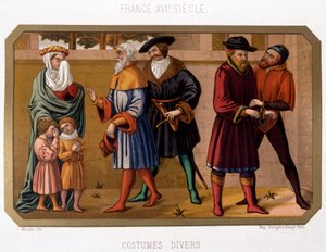 Różne stroje burżuazyjne w XVI wieku - chromo. XIX wiek na podstawie dokumentu z epoki autorstwa French School