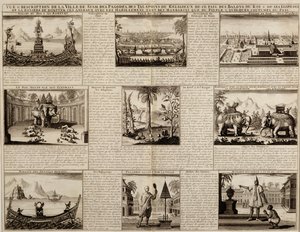 Różne poglądy na Syjam i Ayutthaję, z Du Royaume de Siam autorstwa Simona de la Loubere, opublikowane w 1688 r. autorstwa French School