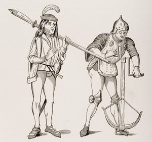 Varlet lub Squire niosący halabardę o grubym ostrzu i łucznik ciągnący cięciwę do kuszy z dwuręczną wyciągarką, według miniatury z XV wieku, z Le Moyen Age et La Renaissance autorstwa Paula Lacroix ( autorstwa French School
