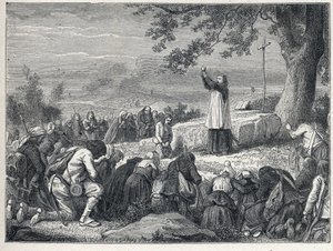 Vendee Wars (1793-1796): Księża wstawiają odprawianie mszy pod dębem w intencji powstańczej ludności, która odrzuca zaprzysiężonych księży. Rycina z 1889 r. Ze zbiorów prywatnych. autorstwa French School