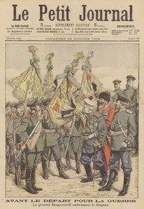 Rosyjski generał-weteran Michaił Dragomirow całujący flagę pułku wyruszającego na wojnę rosyjsko-japońską (kolorowa litografia) autorstwa French School