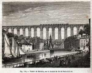 Wiadukt Morlaix, na linii kolejowej z Paryża do Brestu (Francja). Grawerowanie Lebreton et Marchand, w „Les Merveilles de la Science” Louisa Figuiera (1819-1894), wydanie Jouvet et Cie autorstwa French School