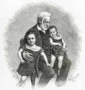 Victor Hugo i jego wnuki, XIX wiek (grawerunek bw) autorstwa French School