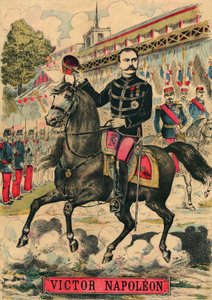 Wiktor Napoleon (1862-1926) na czele zwolenników Bonapartystów, ostatni spadkobierca Napoleona I musiał udać się na wygnanie w wyniku ustawy uchwalonej przez Trzecią Republikę w 1886 r. Rycina w "Le Figaro, dodatek", 30/03/1889, Paryż. Coll. Selva. autorstwa French School