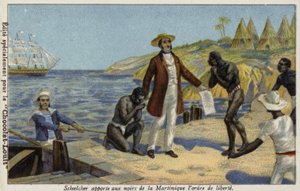 Victor Schoelcher niosący wiadomość o ich wolności niewolnikom z Martyniki, ok. 1848 r. autorstwa French School