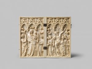 Podkład hebanowy dyptyku Vierge Glorieuse and Crucifixion pochodzi z późniejszego XIV wieku autorstwa French School