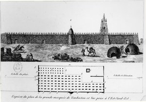Widok i plan wielkiego meczetu w Timbuktu, z Journal dun voyage a Tombouctou autorstwa Rene Caillie (1799-1838), 1830 autorstwa French School