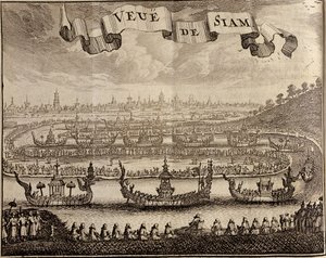 Widok Ayutthayi z królewskimi barkami, z Voyage du Siam des Peres Jesuites autorstwa Guya Tacharda, 1688 autorstwa French School