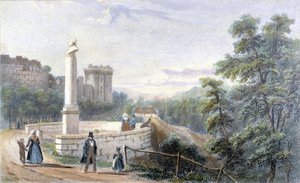 Widok na zamek Dinan i pomnik Duclosa Pinota. Ilustracja z XIX wieku zachowana w Muzeum Dinan. autorstwa French School