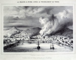 Widok na Pointe a Pitre (Pointe-a-Pitre) po trzęsieniu ziemi z 8.02.1843. Grawerowanie XIX-wiecznego Chartres, Musee des Beaux Arts autorstwa French School