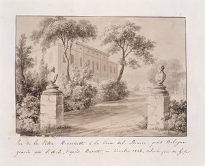Widok Villi Bianchetti w Croce del Biacco koło Bolonii, rytowany przez S.A.I. wg Busatti, kolorowane przez M. Hofera, grudzień 1814 (kolorowa grawerunek) autorstwa French School