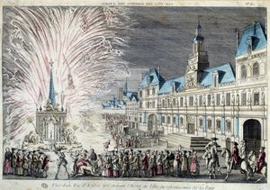 Widok fajerwerków wystrzelonych przed Ratuszem w radości pokoju autorstwa French School