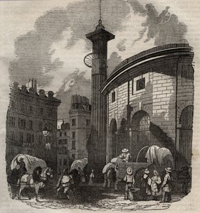 Widok halle au ble w Paryżu (zbudowany w latach 1763-1769) i kolumny Medyceuszy, rycina pocz. XIX w - Giełda pszenicy i zboża w Paryżu (zbudowana w latach 1763-1769), rycina pocz. XIX w. - Widok Halle au ble, umieszczone na obecnym Hotelu de Sois autorstwa French School