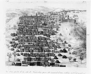 Widok części miasta Timbuktoo wzięty ze wzgórza na wschód, z Voyage a Tombouctou autorstwa Rene Caillie, opublikowany 1830 autorstwa French School