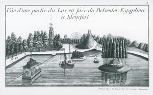 Widok części jeziora przed egipskim Belwederem w Steinfort, z „Jardins Anglo-Chinois de la Mode” George