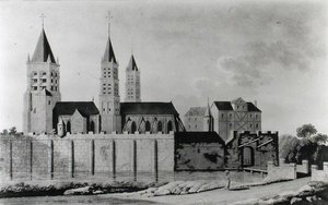 Widok opactwa Saint-Germain-des-Pres na początku XV wieku (litografia) (zdjęcie czarno-białe) autorstwa French School