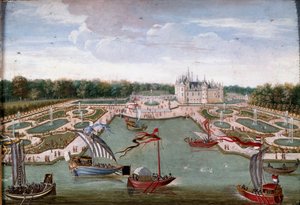 Widok na Chateau de Chantilly i łóżka zaczerpnięte z obrazu Vertugadin Anonimowy przedstawiający Ecole francaise. ok. 1680 r. wym. 0,26x0,34m. Chantilly, Muzeum Conde autorstwa French School