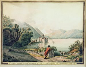 Widok na Chateau de Chillon, Jezioro Genewskie (kolorowa akwaforta) autorstwa French School