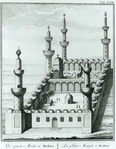 Widok Wielkiego Meczetu w Medynie przed zbezczeszczeniem grobów przez sektę wahabitów, z Description de lArabie Carstena Niebuhra (1733-1815) opublikowanego w 1774 r. autorstwa French School