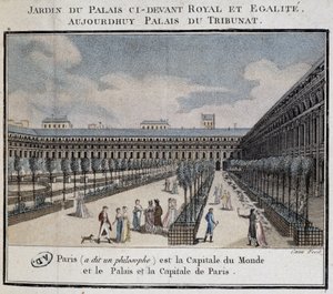 Widok na Pałac Królewski (Palais du Tribunat) z ogrodem i spacerowiczami autorstwa French School
