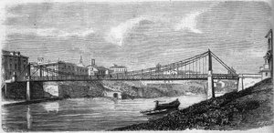 Widok na most św. Jana na Tybrze (Tevere) we Włoszech, zainaugurowany w 1863 roku. Ten stalowy most zaprojektował Alphonse Oudry (1819-1869). Grawer w „”Le Monde Illustré”” nr 349 z 19 grudnia 1863 r. autorstwa French School