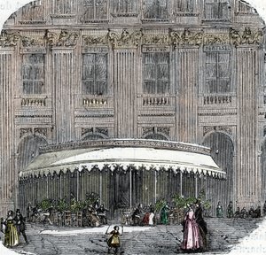 Widok cafe de la Rotonde w Palais-Royal w Paryżu około 1860 roku (kolorowy grawerunek) autorstwa French School