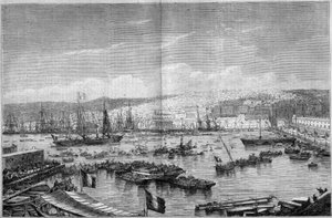 Widok na miasto i port w Algierze (Algieria), podczas przybycia Napoleona III i cesarza Eugenie de Montijo, 17 września autorstwa French School