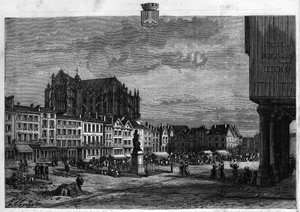 Widok na miasto Beauvais w Oise. Rycina z 1880 r. w prywatnej kolekcji „La republique illustree”. autorstwa French School
