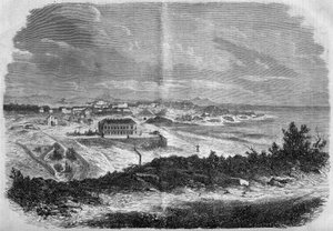 Widok miasta Biarritz, Pireneje Atlantyckie (64) w 1858 r. Grawer „” Le Monde Illustré” nr 75 z 18 września 1858 r. autorstwa French School