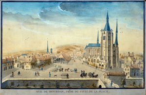 Widok miasta Dourdan przez więźnia Akwarela z XIX-wiecznej szkoły francuskiej Musee de l