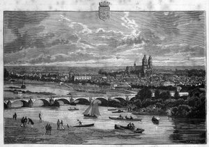 Widok na miasto Tours w Indre et Loire. Rycina z 1880 r. w prywatnej kolekcji „La republique illustree”. autorstwa French School