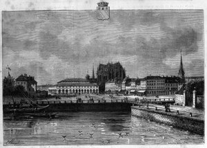 Widok na miasto Troyes o świcie. Rycina z 1880 r. w prywatnej kolekcji „La republique illustree”. autorstwa French School