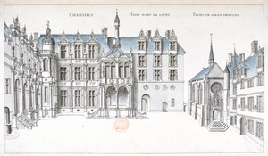 Widok na dziedziniec i kaplicę w Chantilly (pióro, atrament i toaleta na papierze) autorstwa French School