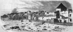 Widok dzielnicy miasta Kastrich w Moguncji (Niemcy), po wybuchu beczki prochu w 1857 roku. Z fotografii. Grawer w „Le Monde Illustré” nr 36 z 19 grudnia 1857 r. autorstwa French School