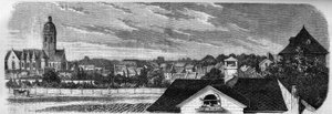 Widok dzielnicy miasta Kastrich w Moguncji (Niemcy), przed wybuchem beczki prochu w 1857 roku. Z fotografii. Grawer w „Le Monde Illustré” nr 36 z 19 grudnia 1857 r. autorstwa French School