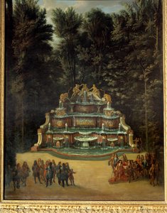 Widok fontanny Bufetu Wodnego w ogrodach Wielkiego Trianon w 1713 roku. Na pierwszym planie Ludwik XIV przy Promenade Peinture de Charles Chatelain. 18 wiek. Ciemny. 2,96x1,42 m. Wersal, zamki wersalskie i Trianon autorstwa French School