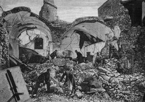 Widok na ruiny Chiese del Purgatorio, zniszczonych podczas trzęsienia ziemi w 1881 roku na wyspie Ischia (Włochy). Grawerowanie autorstwa Quesnela w „” The Illustrous World”” nr 1254 z 9 kwietnia 1881 r. autorstwa French School