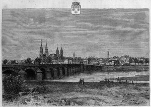 Widok na miasto Moulins w Allier. Rycina z 1880 r. w prywatnej kolekcji „La republique illustree”. autorstwa French School
