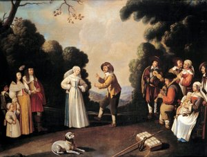 Wiejska scena taneczna prawdopodobnie na weselu, po lewej kobieta w ciąży. Malarstwo szkoły francuskiej. Awinion z XVII wieku, Muzeum Calvet autorstwa French School