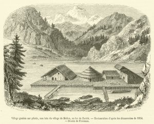 Galijska wieś na palach, niedaleko wsi Meilen, nad Jeziorem Zuryskim (rycina) autorstwa French School