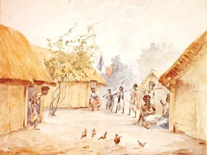 Wieś na Madagaskarze w czasie jej podboju przez Francję w latach 1895-96 (akwarela na papierze) autorstwa French School