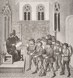 Złoczyńcy otrzymujący Order Lordów przed pójściem do pracy, po miniaturze w rękopisie z XV wieku, z Le Moyen Age et La Renaissance autorstwa Paula Lacroix (1806-84) opublikowanej w 1847 roku autorstwa French School
