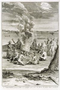 Wirginianie oddają cześć ogniu i radują się uwolnieni od znacznego niebezpieczeństwa, ilustracja z ceremonii i zwyczajów religijnych, ryty przez Bernarda Picarta (1673-1733) 1721 autorstwa French School