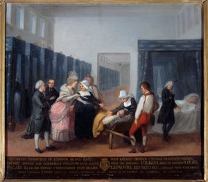 Wizyta Monsieur i Madame Necker w hospicjum charytatywnym Jest to szpital (obecnie Necker Hospital w Paryżu) założony przez ministra i jego żonę, żonę Lettresa w 1778 r. Obraz szkoły francuskiej. 18 wiek. Paryż, Musee de l