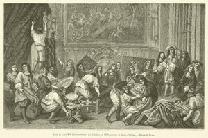 Wizyta Ludwika XIV w Manufakturze des Gobelins, 1677 (rycina) autorstwa French School