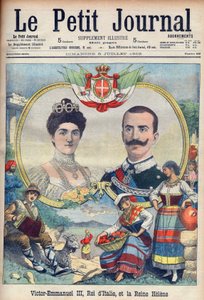 Vittorio Emanuele III di Savoia i Elena di Savoia - Król Wiktor Emanuel III i królowa Włoch Elena. Wiktor Emanuel III, król Włoch i królowa Helena. Ilustracja do Le petit Journal, 5 lipca 1903. autorstwa French School