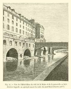 Widok na Hôtel-Dieu od strony Sekwany i drewnianą kładkę, za którą do dziś widać przyczółek mostu Saint-Charles, 1877 autorstwa French School