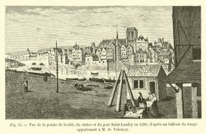 Widok na cypel miasta, krużganek i port Saint-Landry w 1590 roku; z tablicy czasowej należącej do pana de Valencay autorstwa French School